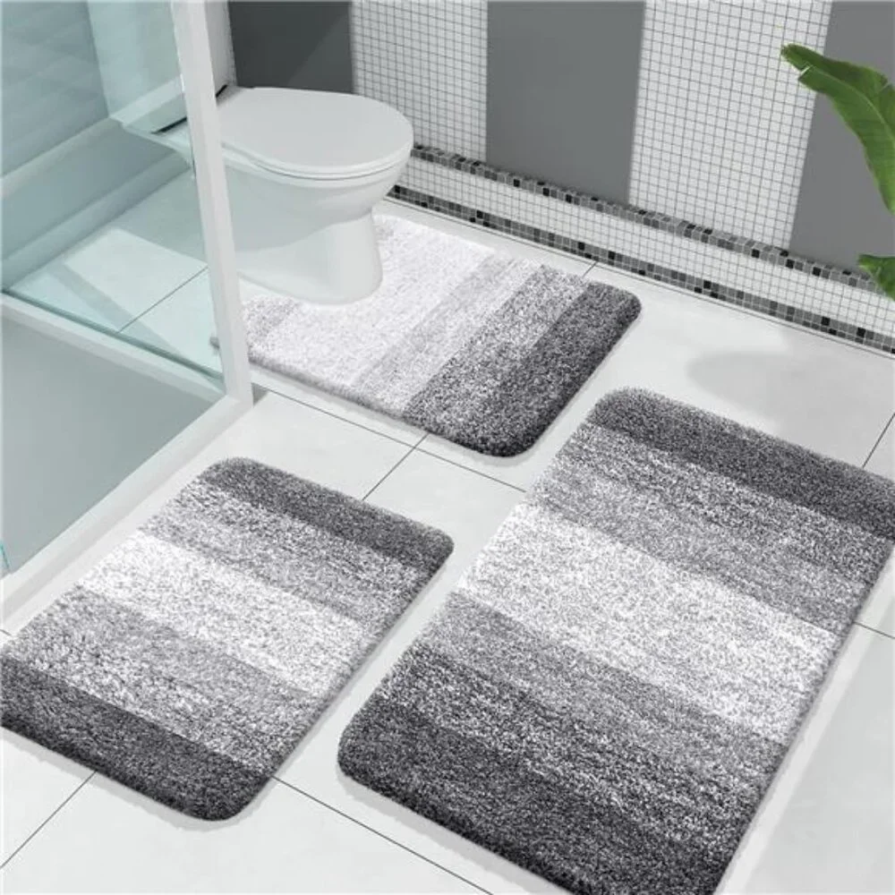 3 Piece Bathroom Rug Set Plush Microfiber Bath Mats Contour Toilet Grey